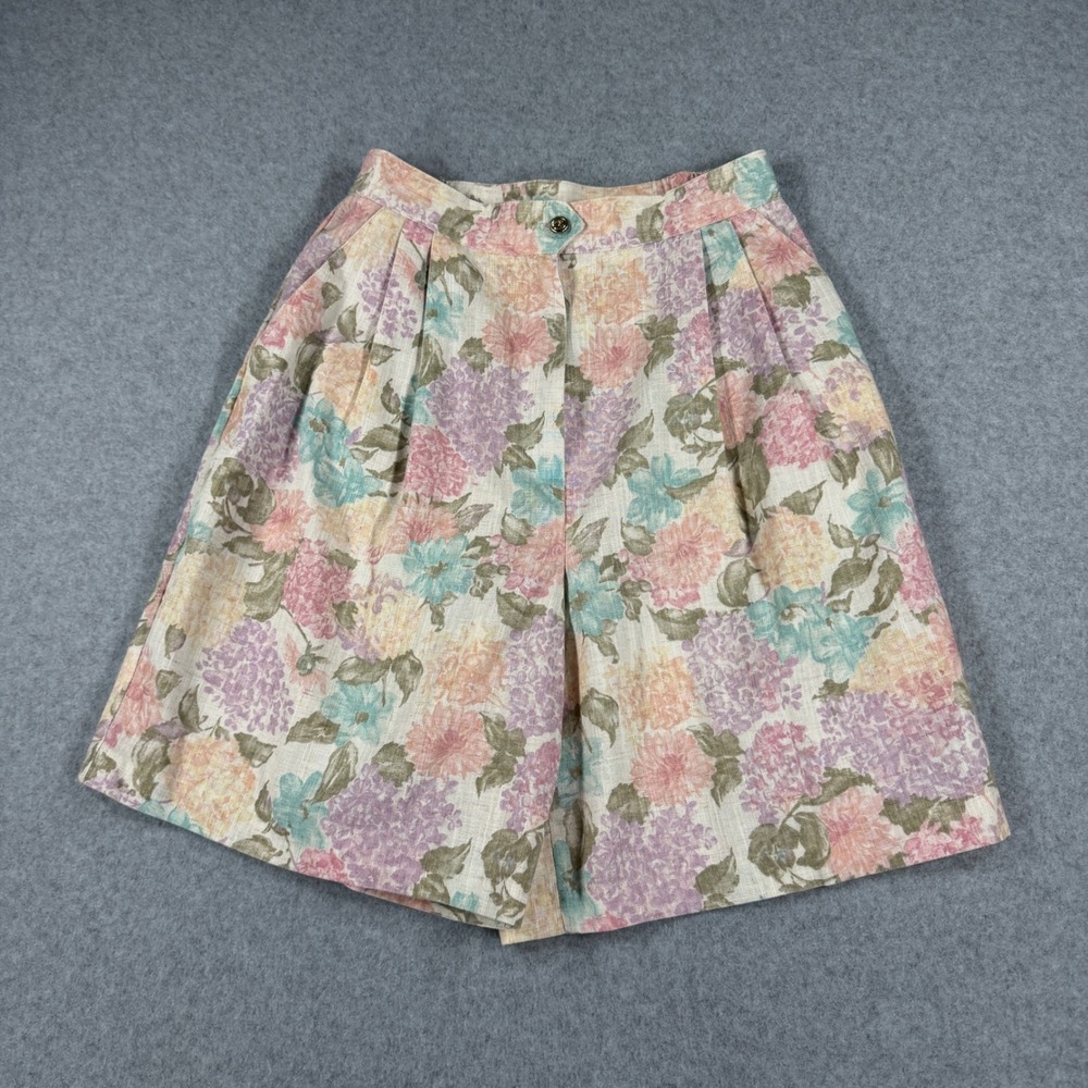 VTG Sag Harbor Floral Shorts Womens 10 High Waist Linen Blend Cottage Grandma